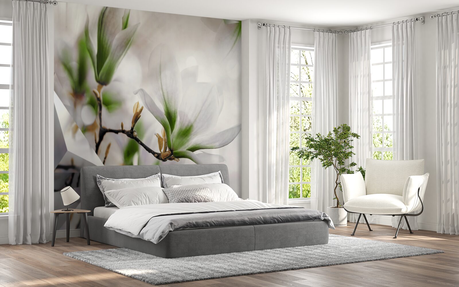 Фотошпалери квіти у відтінках білого та зеленого у поєднанні з геометричними формами