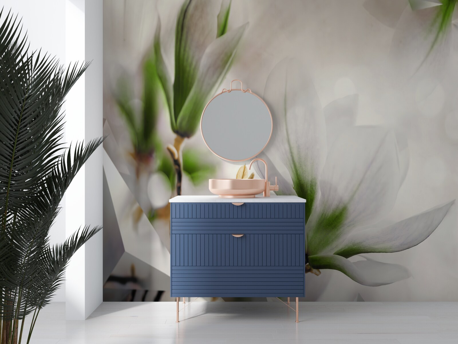 Фотошпалери квіти у відтінках білого та зеленого у поєднанні з геометричними формами