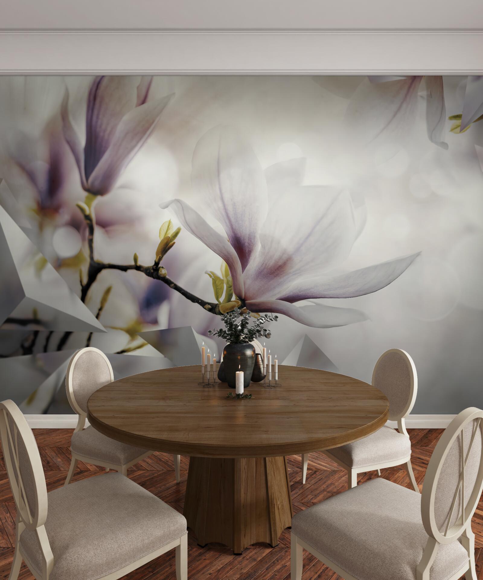 Фотошпалери великі бузкові квіти та білі форми