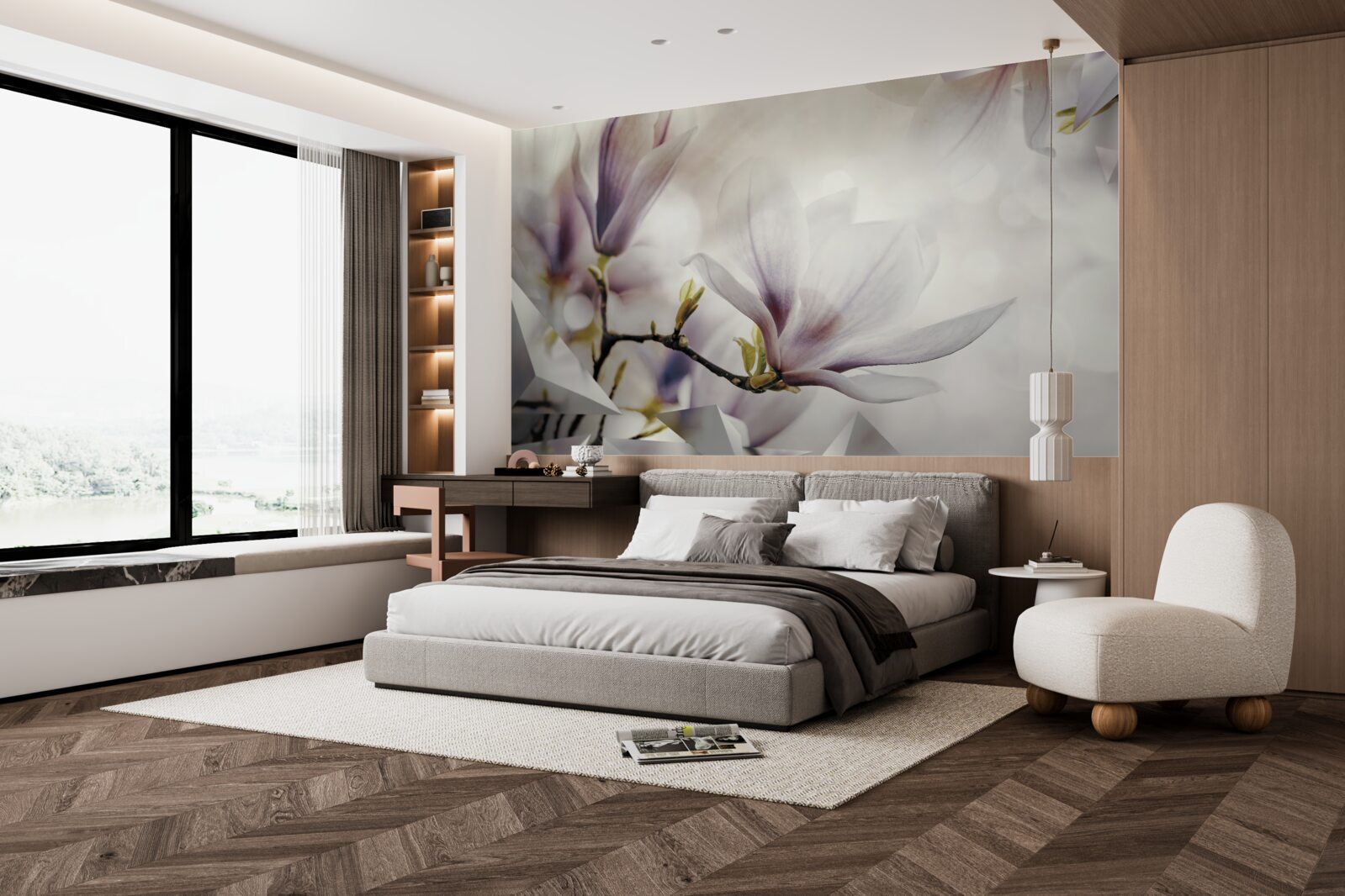 Фотошпалери великі бузкові квіти та білі форми