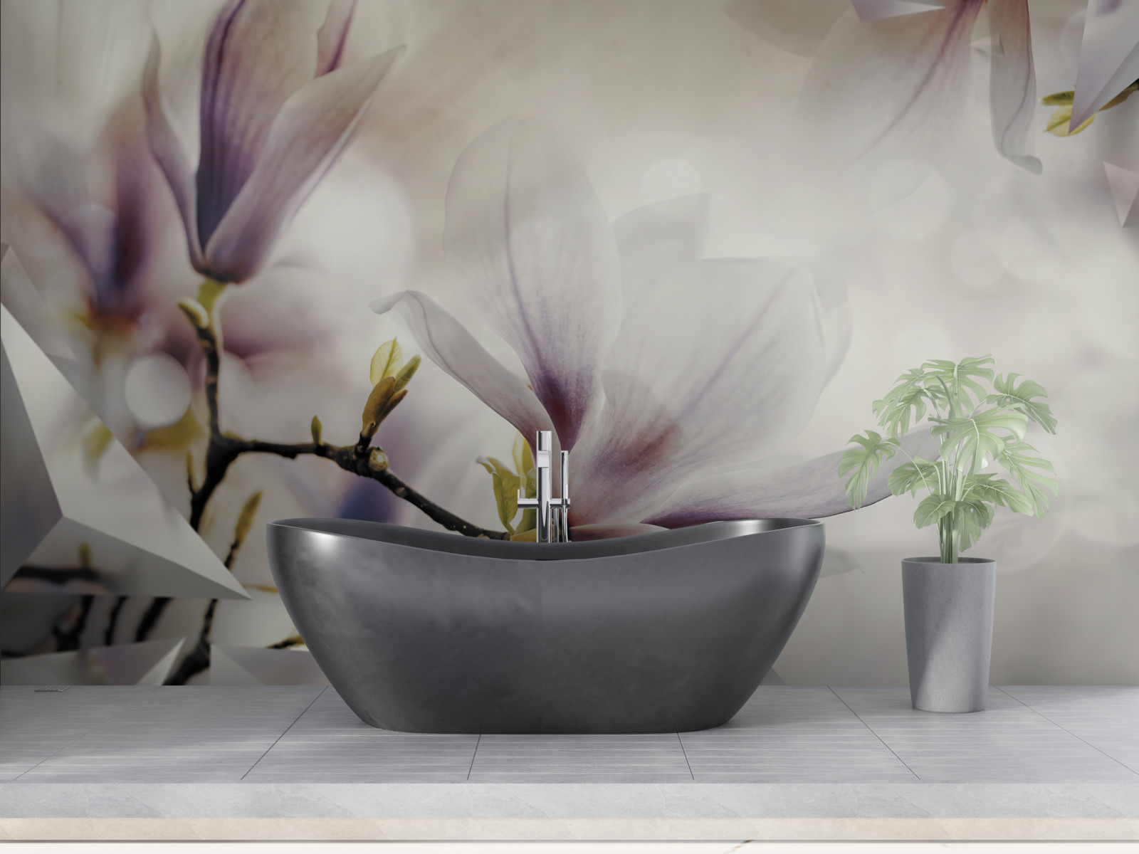 Фотошпалери великі бузкові квіти та білі форми