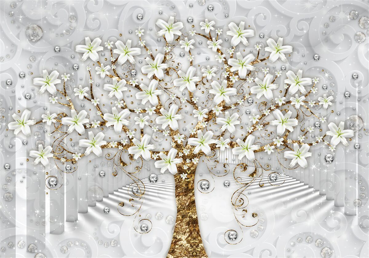 Фотошпалери на дереві розпустилися білі квіти