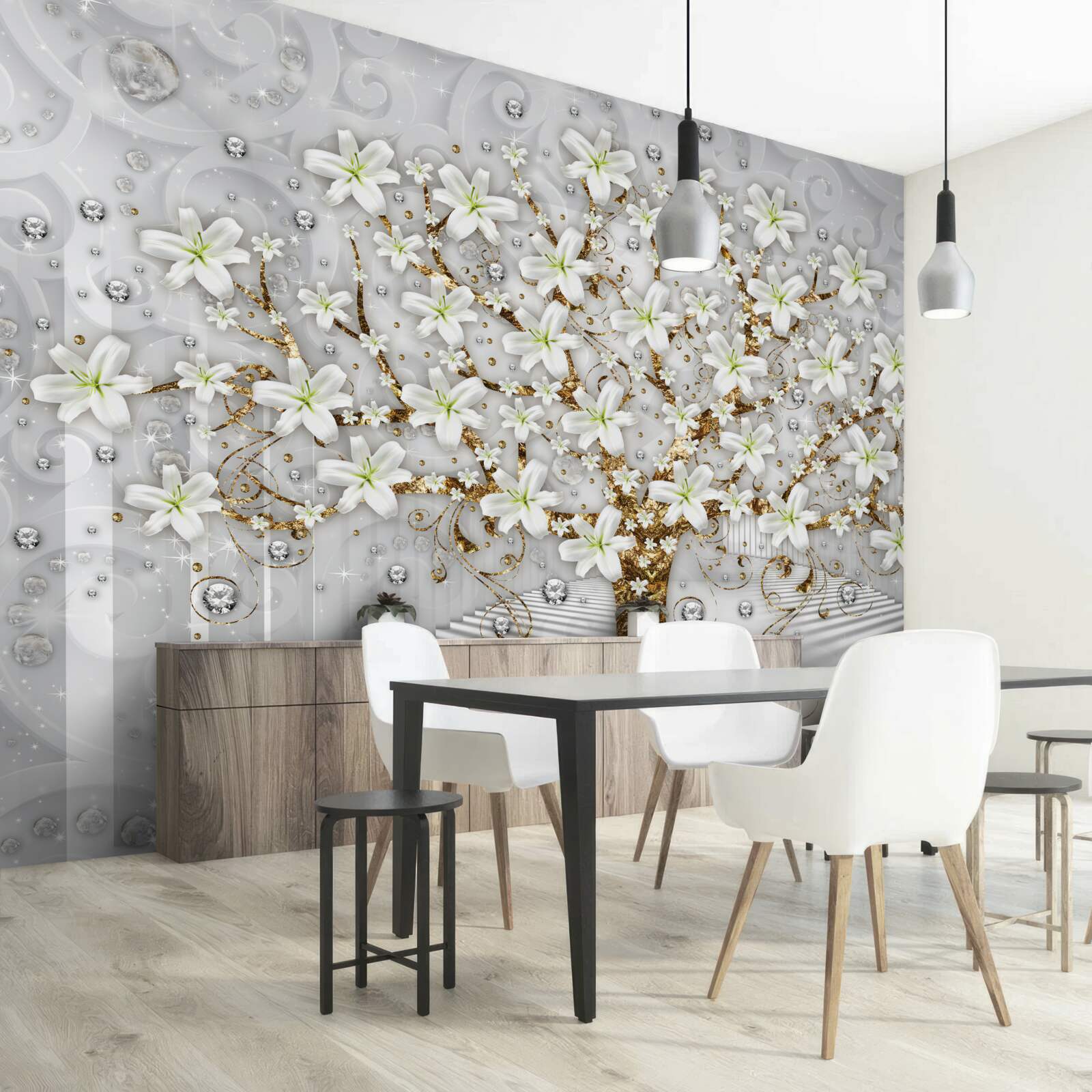 Фотошпалери на дереві розпустилися білі квіти