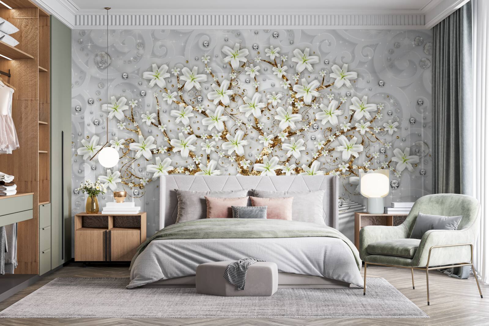 Фотошпалери на дереві розпустилися білі квіти