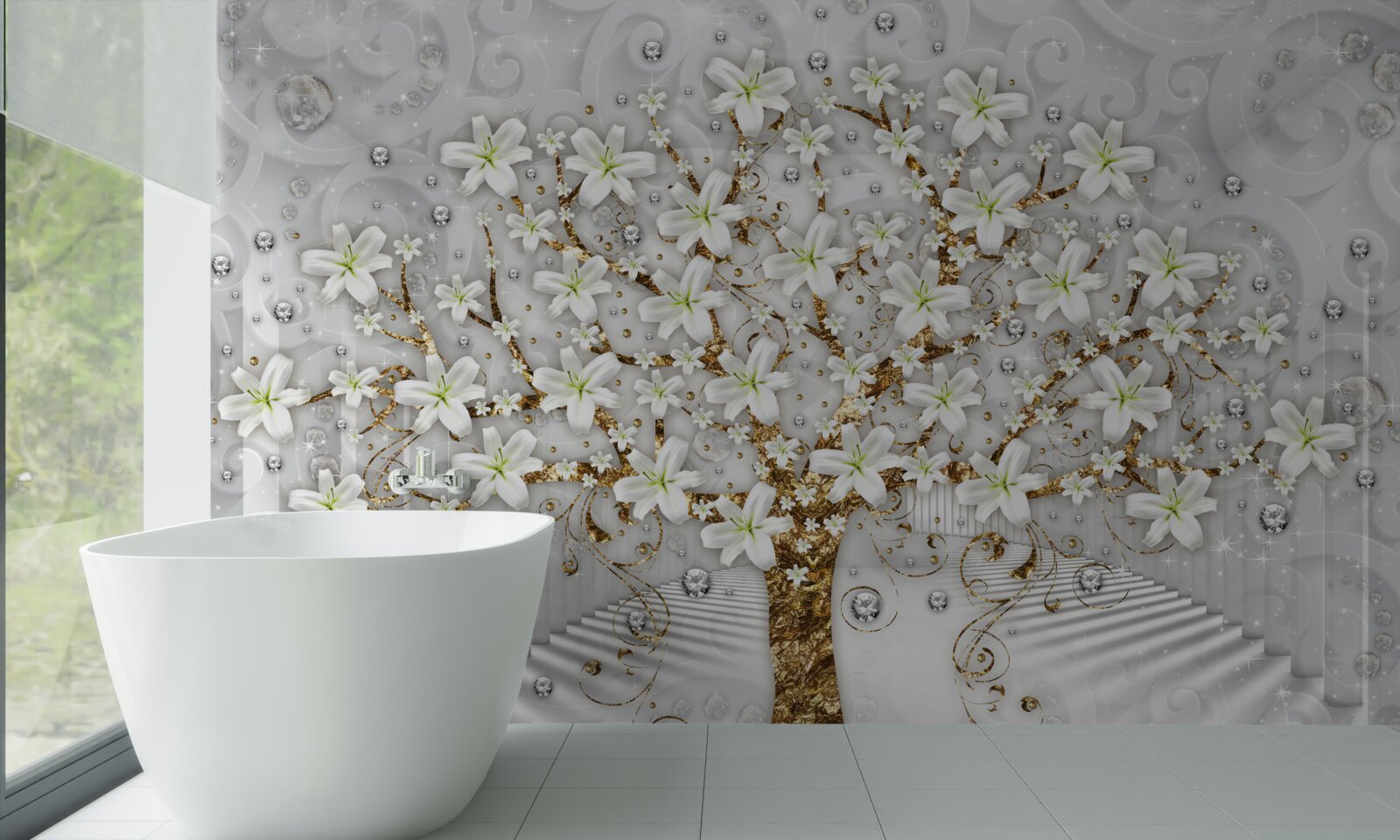 Фотошпалери на дереві розпустилися білі квіти