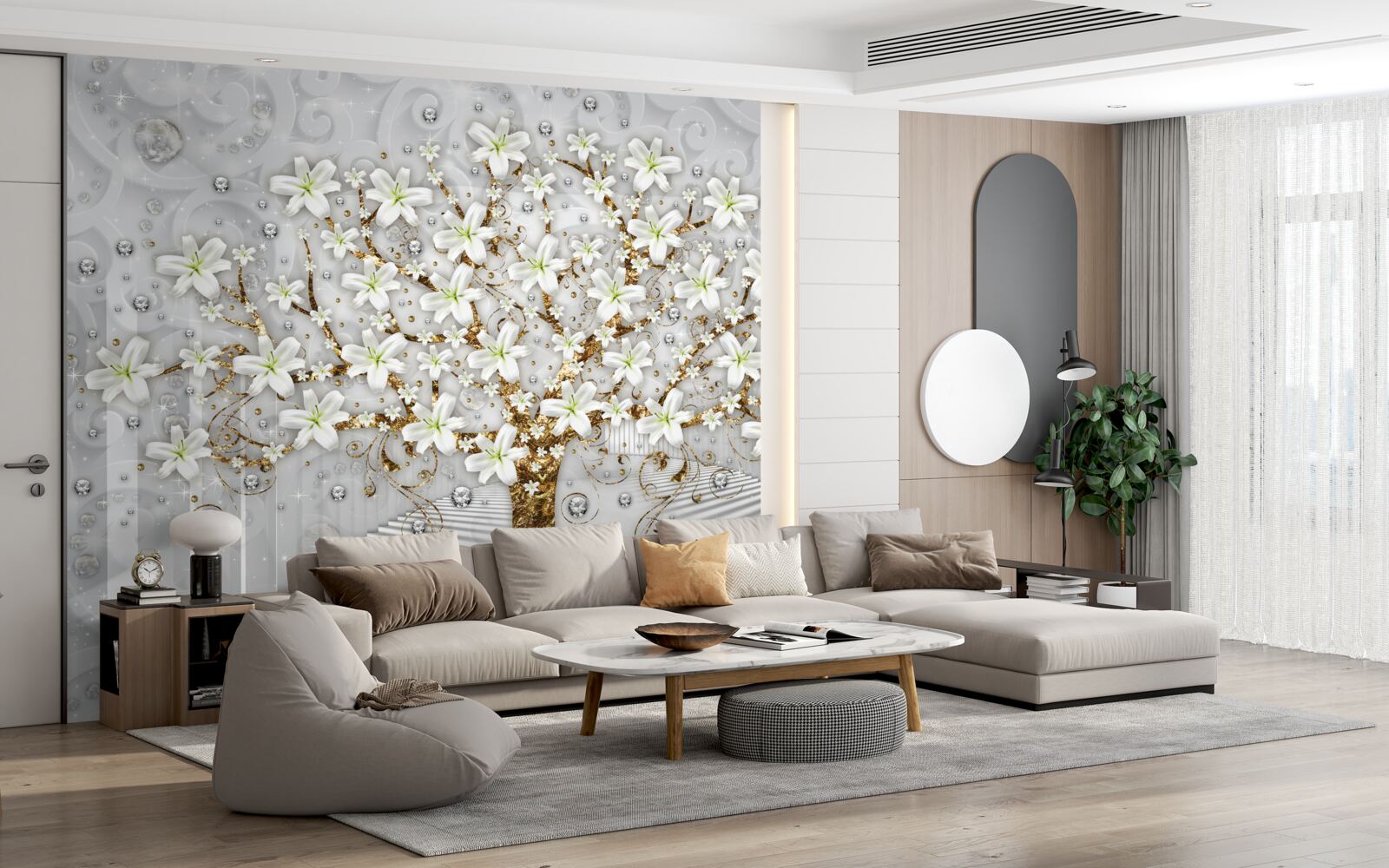 Фотошпалери на дереві розпустилися білі квіти