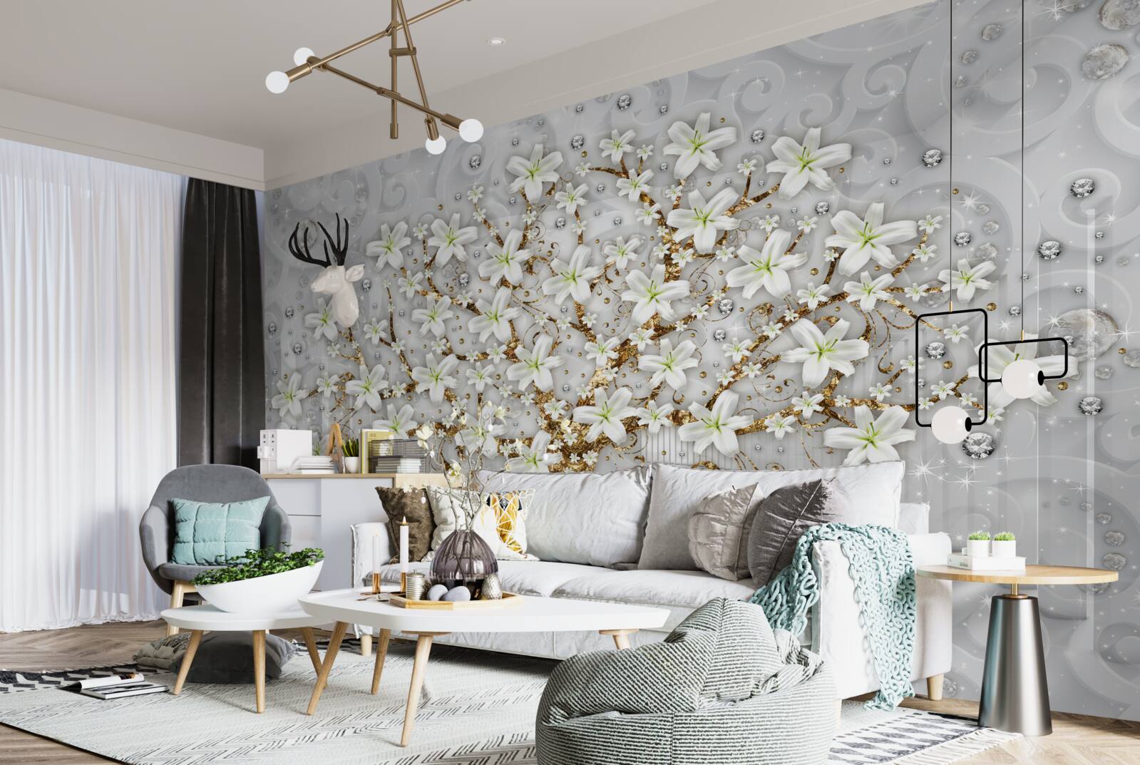 Фотошпалери на дереві розпустилися білі квіти