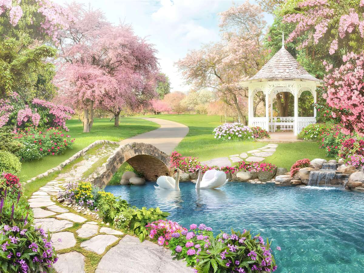 Фотошпалери альтанка біля озера з лебедями