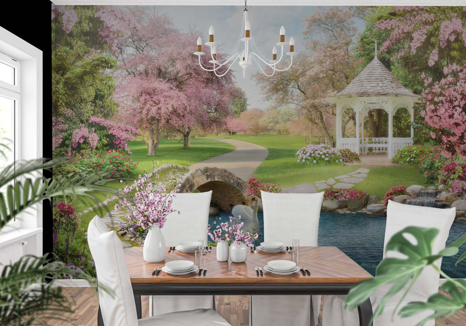 Фотошпалери альтанка біля озера з лебедями