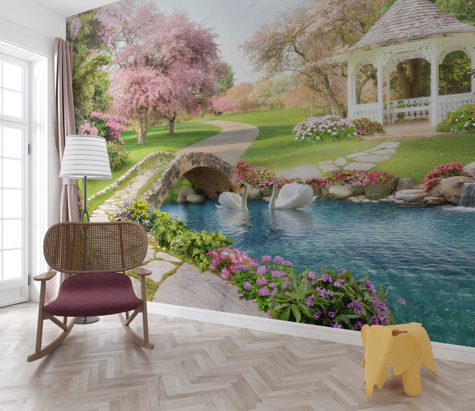 Фотошпалери альтанка біля озера з лебедями