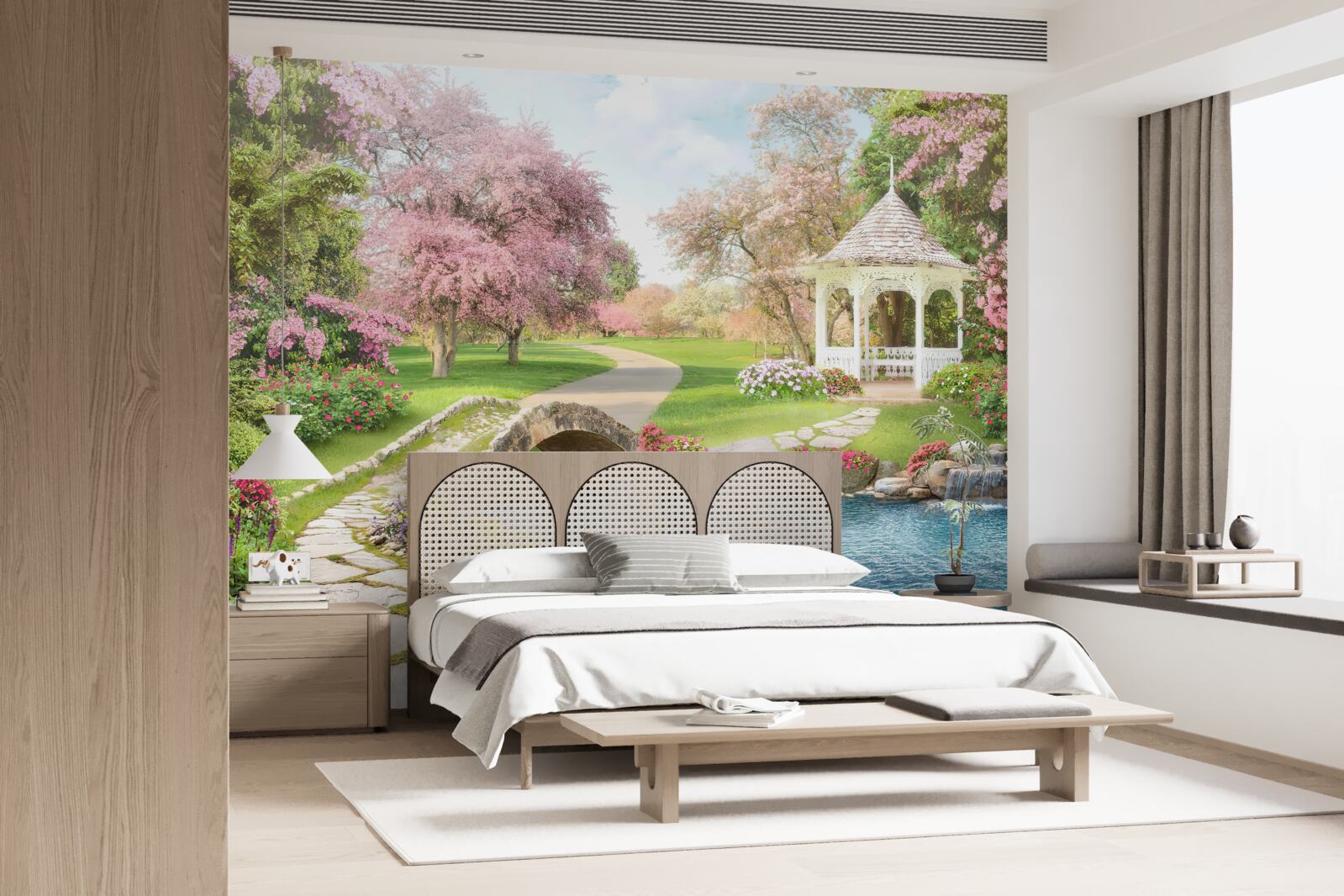 Фотошпалери альтанка біля озера з лебедями