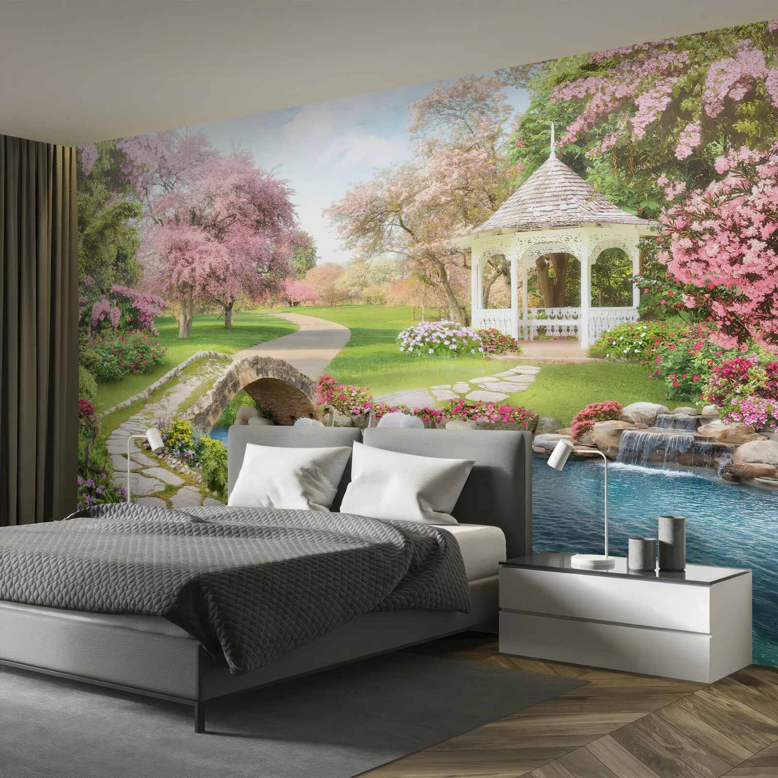 Фотошпалери альтанка біля озера з лебедями