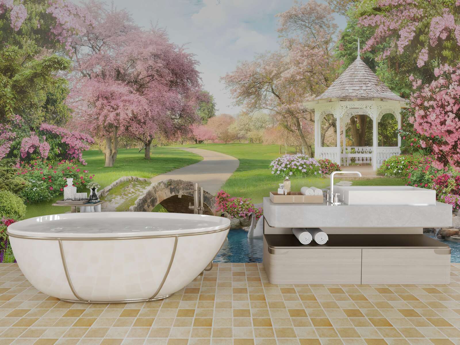 Фотошпалери альтанка біля озера з лебедями