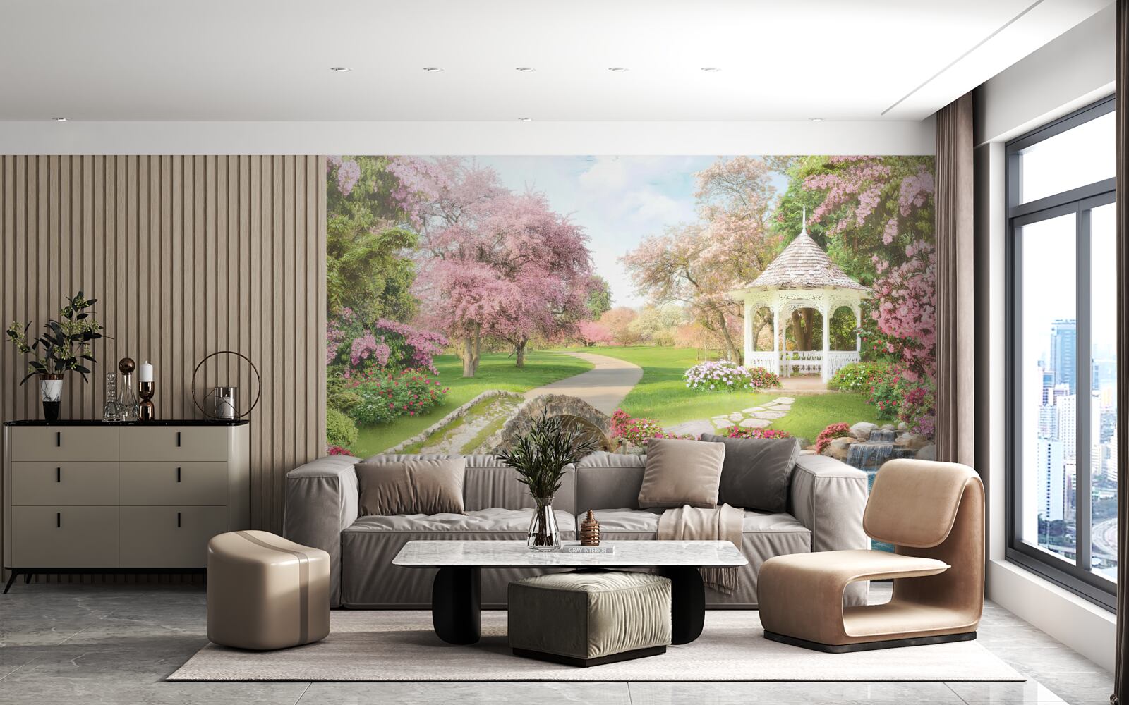 Фотошпалери альтанка біля озера з лебедями