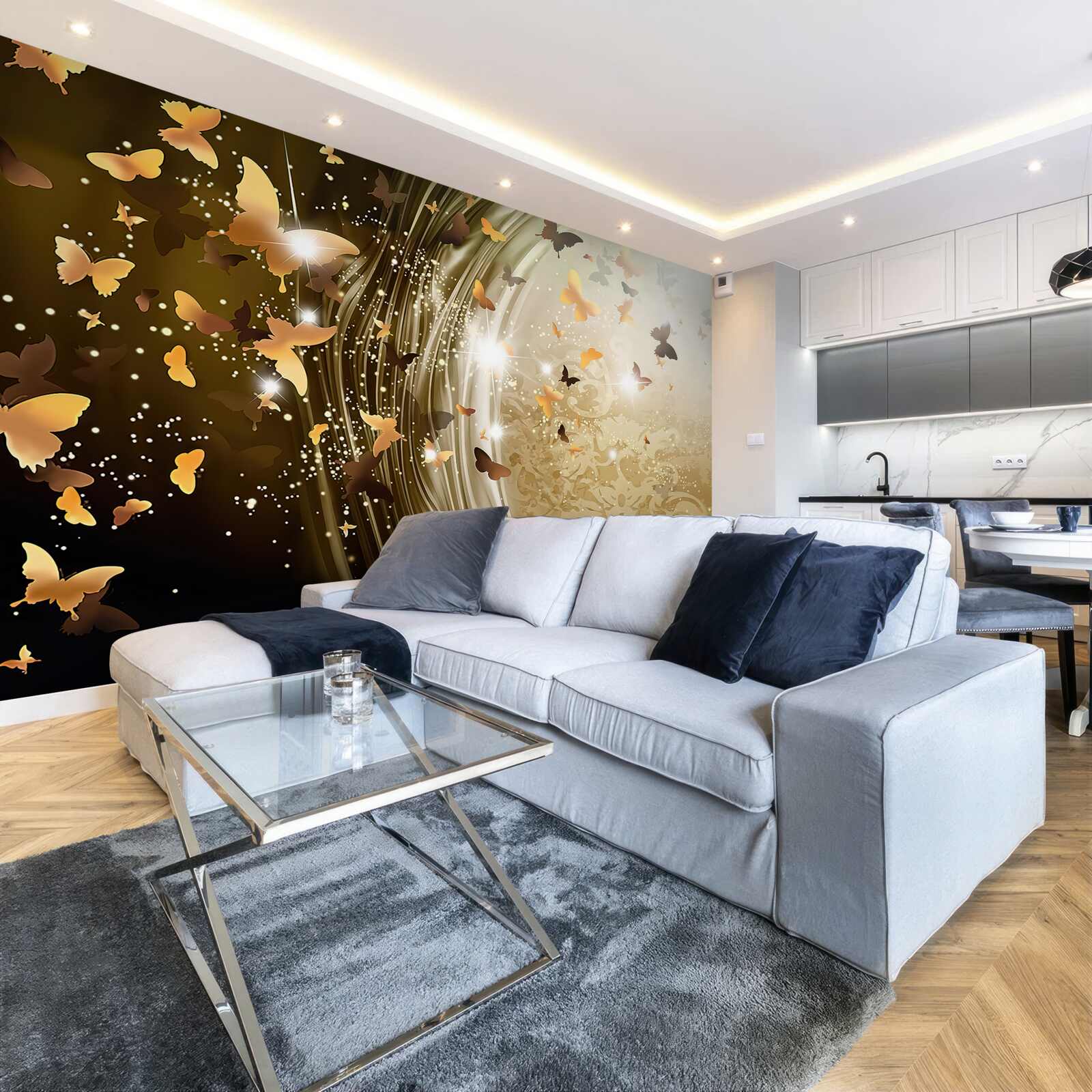 Фотошпалери золотий фон з метеликами