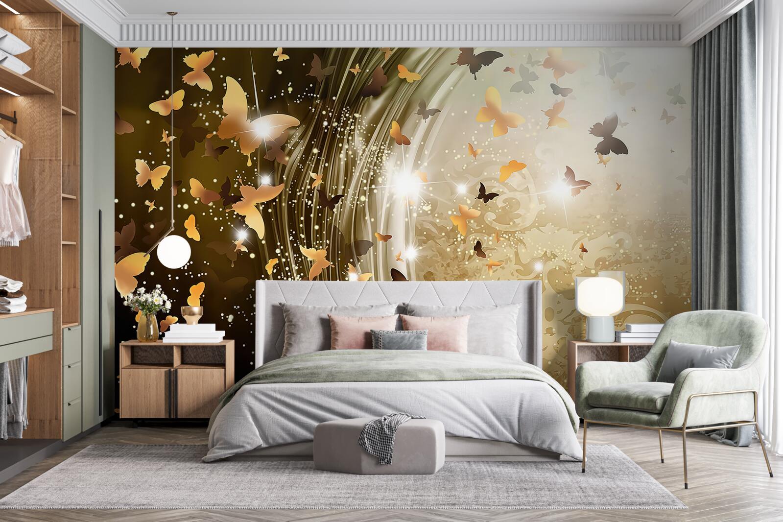 Фотошпалери золотий фон з метеликами