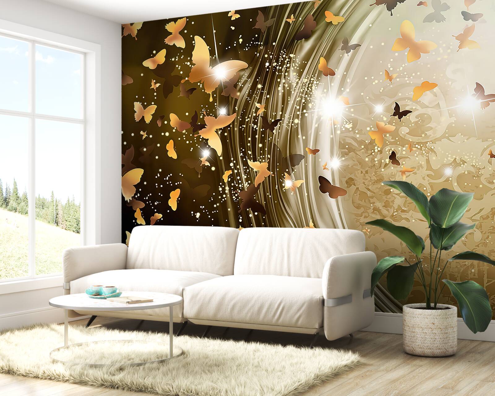 Фотошпалери золотий фон з метеликами