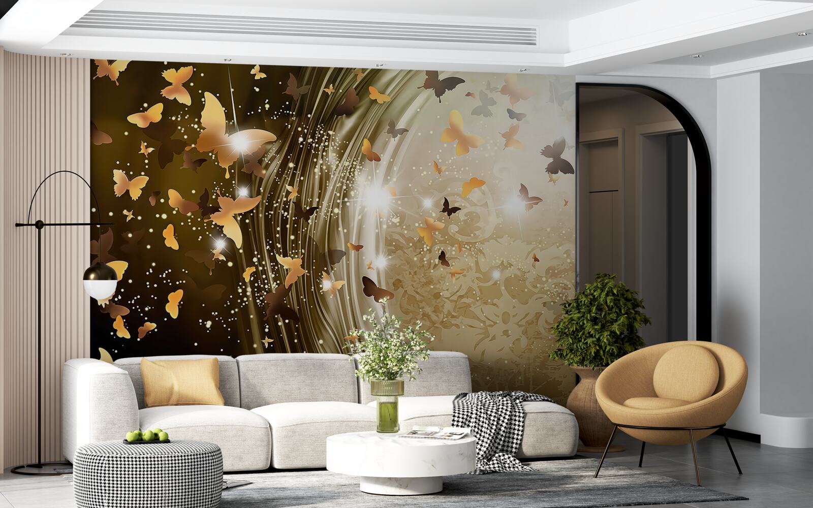Фотошпалери золотий фон з метеликами