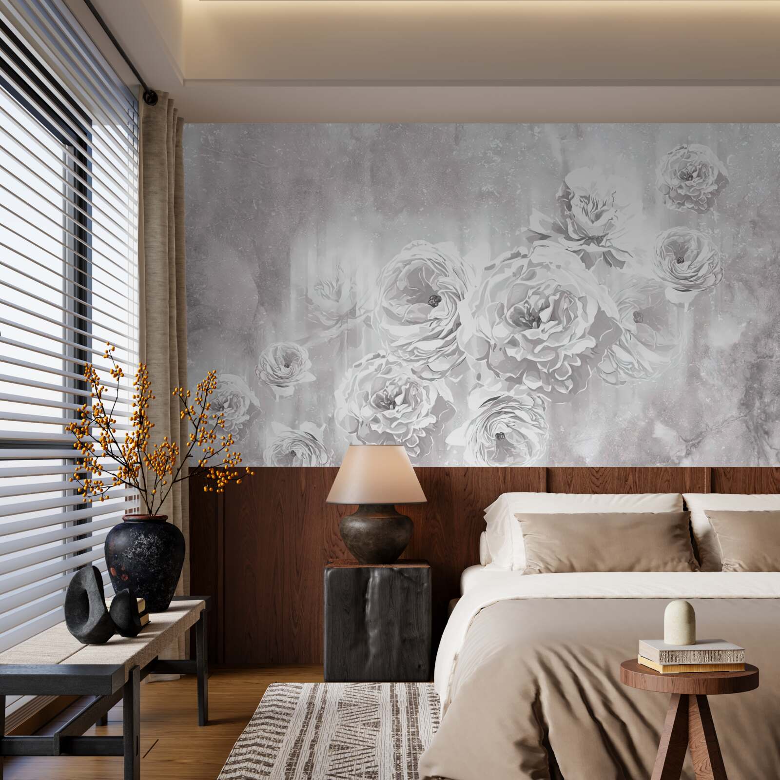 Фотошпалери світлі троянди на тлі сірих і білих відтінків