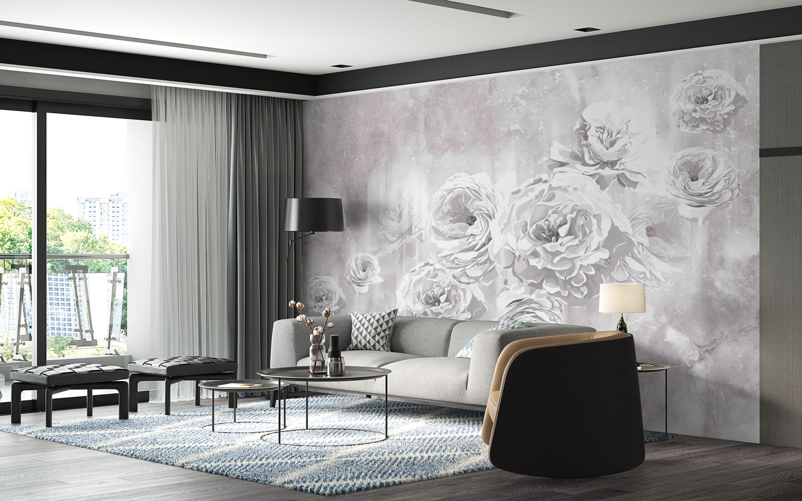 Фотошпалери світлі троянди на тлі сірих і білих відтінків
