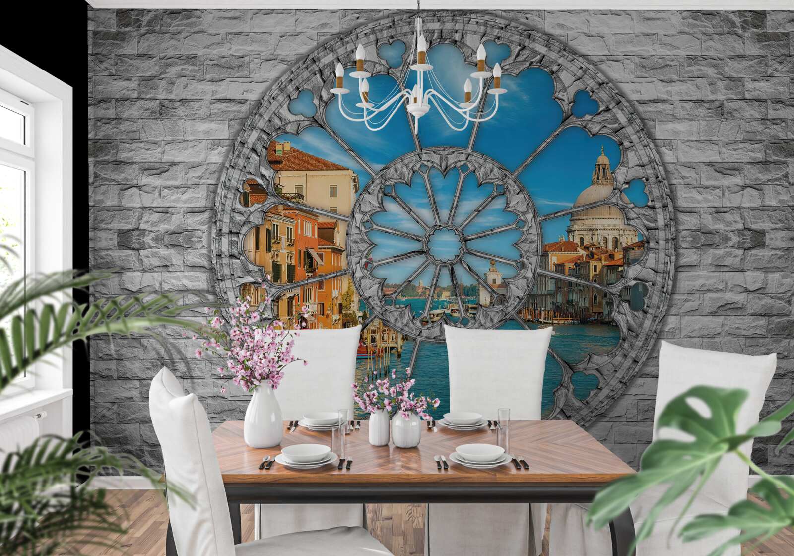 Фотошпалери вікно з панорамним видом на річку та місто