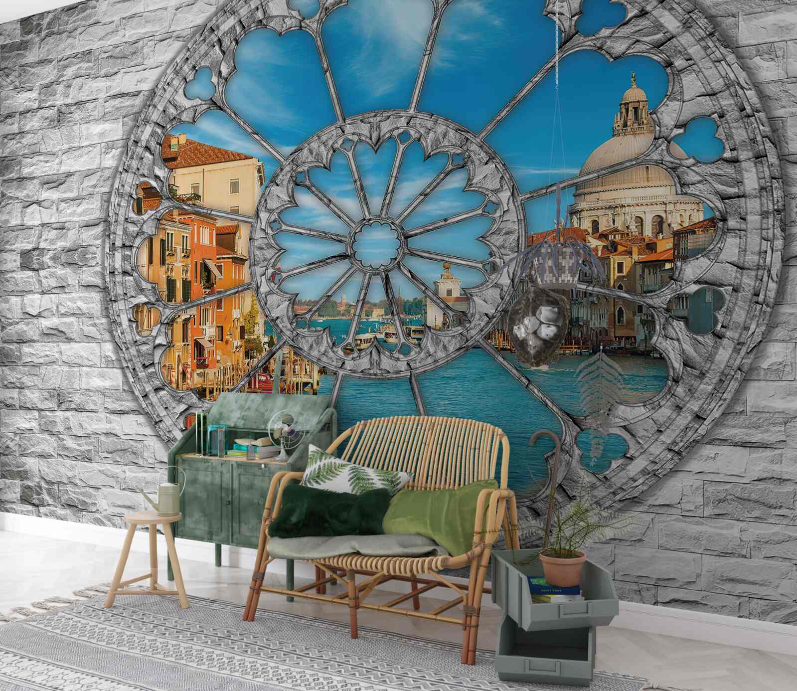 Фотошпалери вікно з панорамним видом на річку та місто