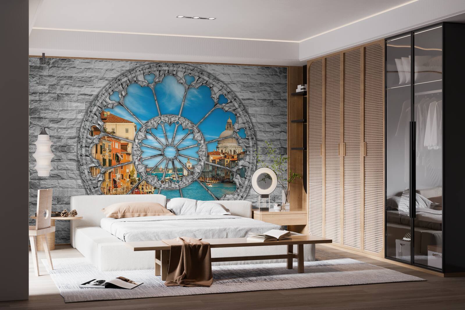 Фотошпалери вікно з панорамним видом на річку та місто