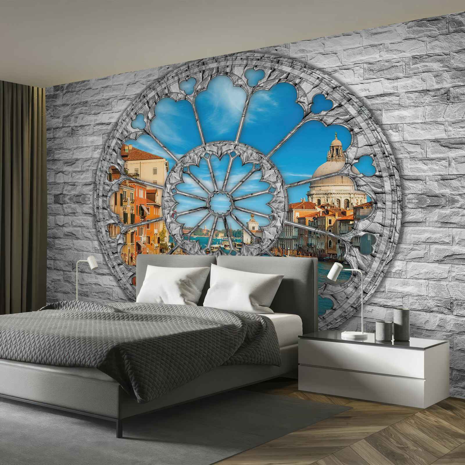 Фотошпалери вікно з панорамним видом на річку та місто