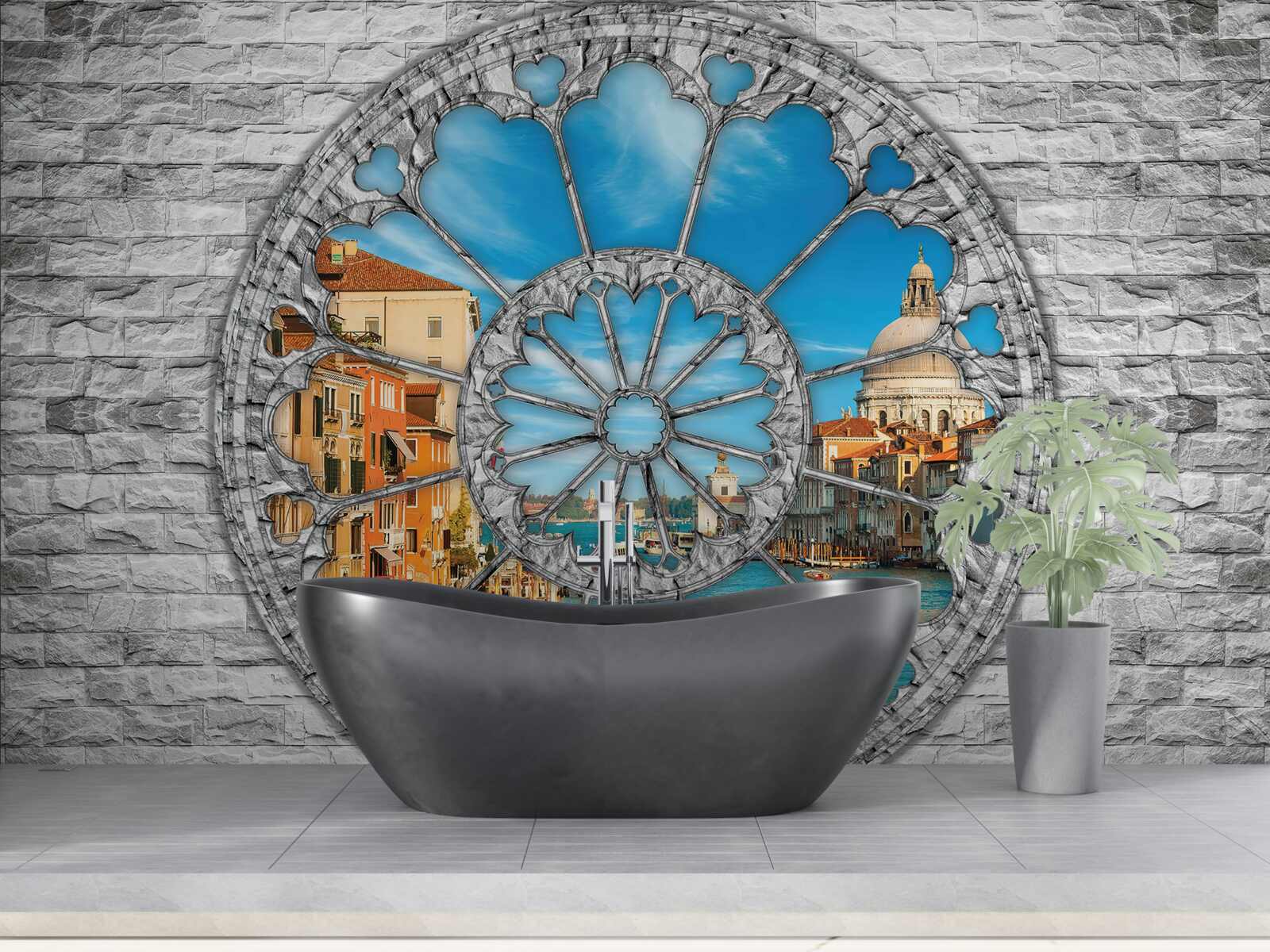 Фотошпалери вікно з панорамним видом на річку та місто