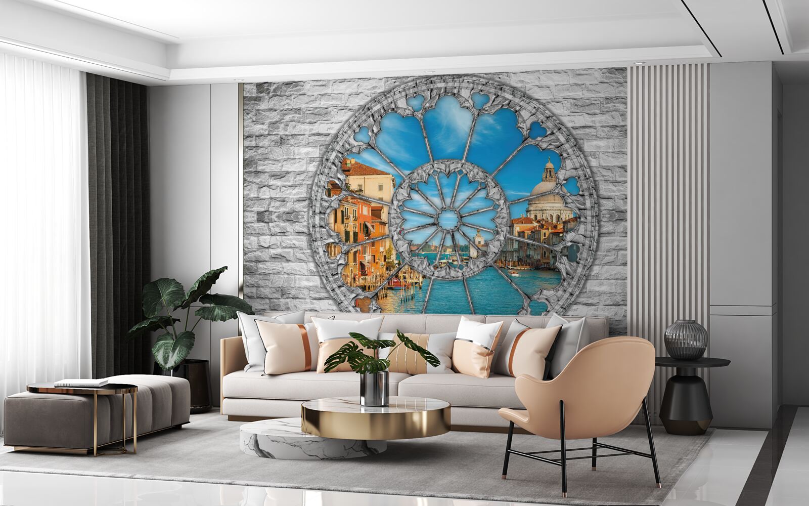 Фотошпалери вікно з панорамним видом на річку та місто