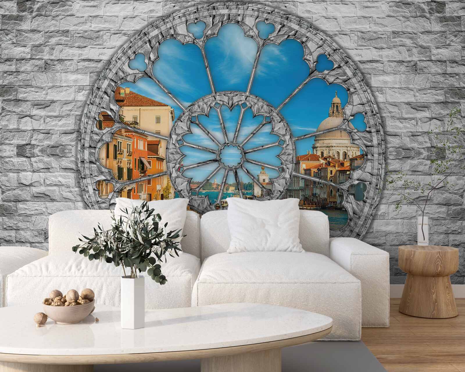 Фотошпалери вікно з панорамним видом на річку та місто