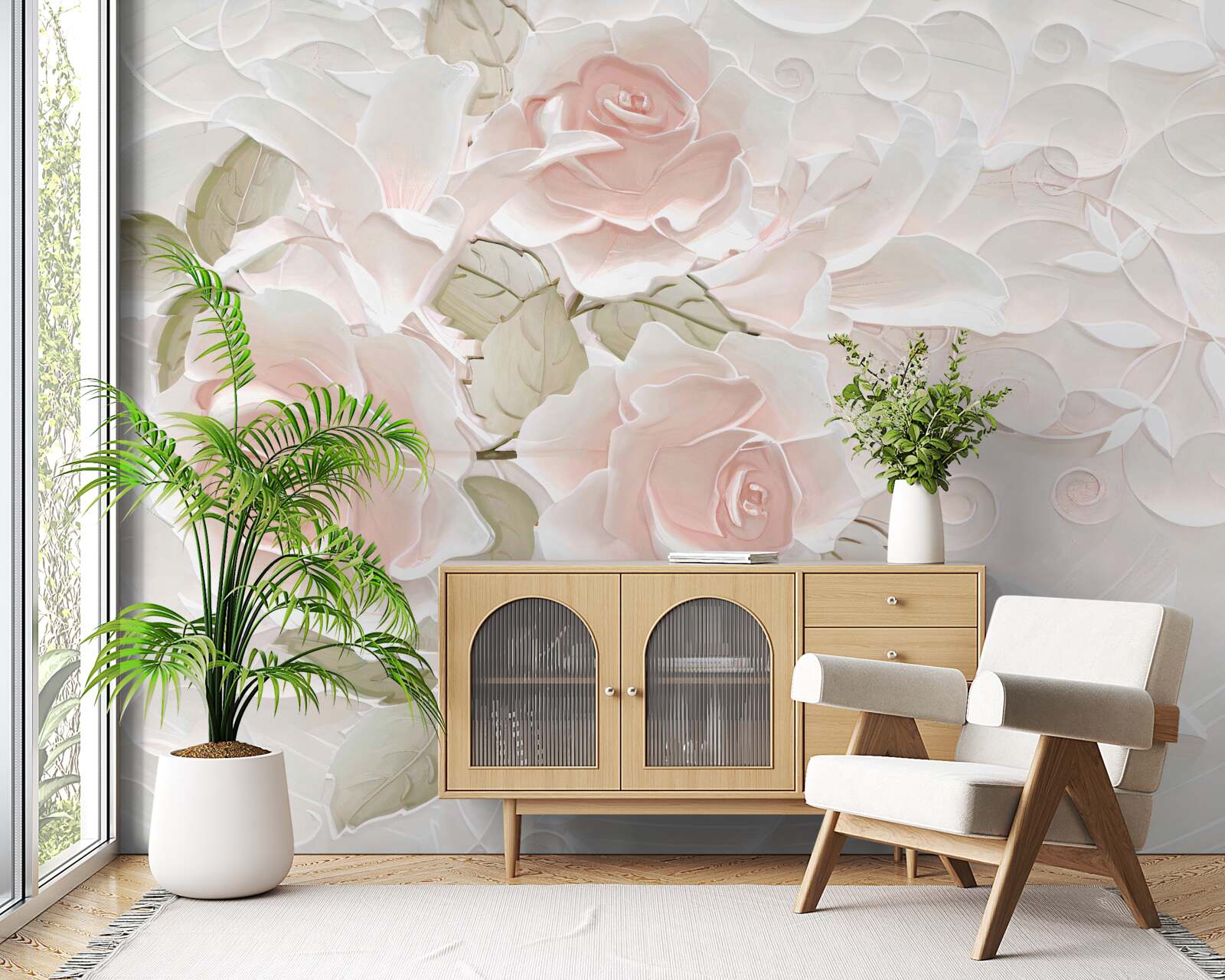 Фотошпалери бліді троянди на блідій стіні