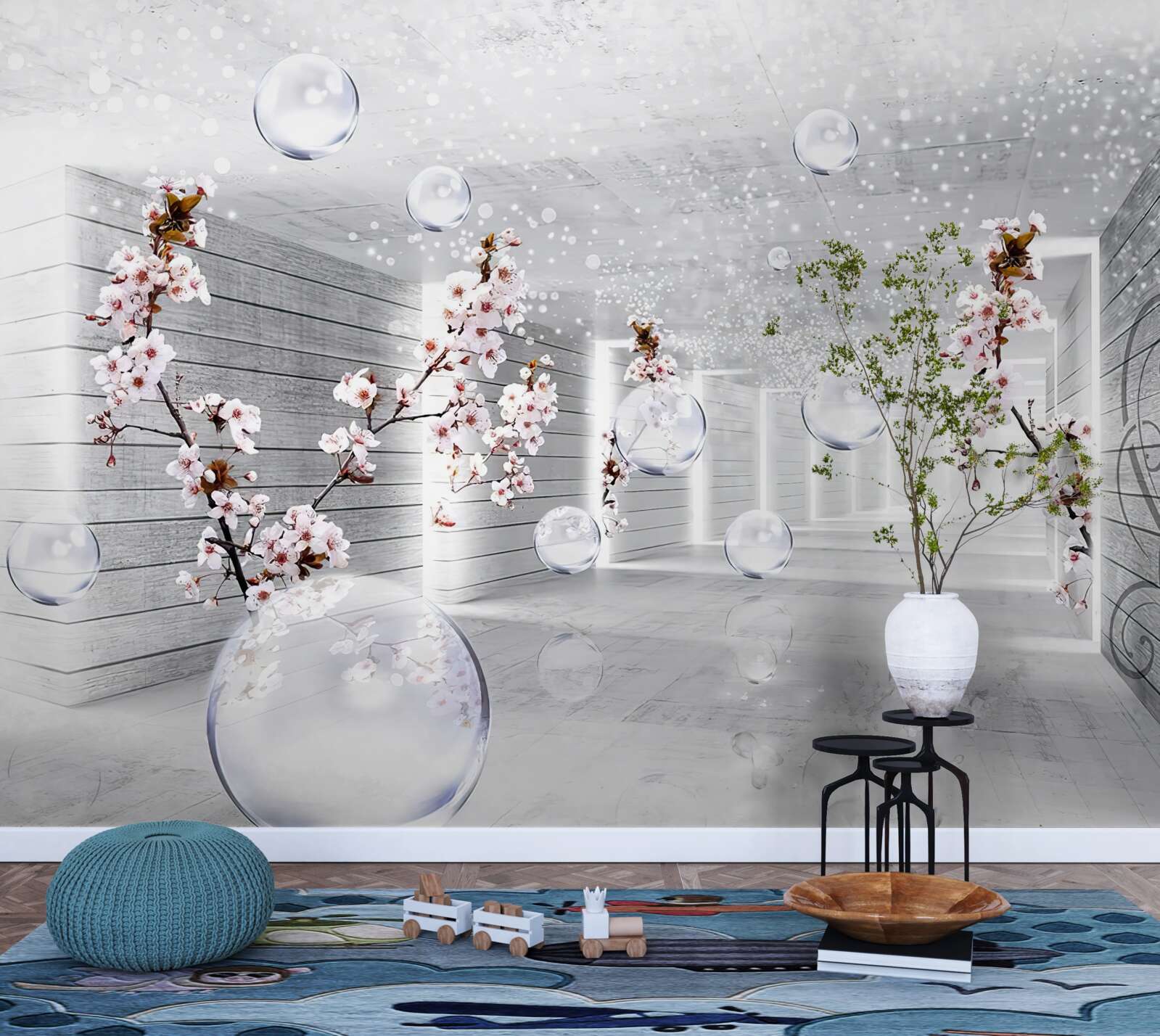 Фотошпалери кола та гілки з квітами, крізь які можна побачити