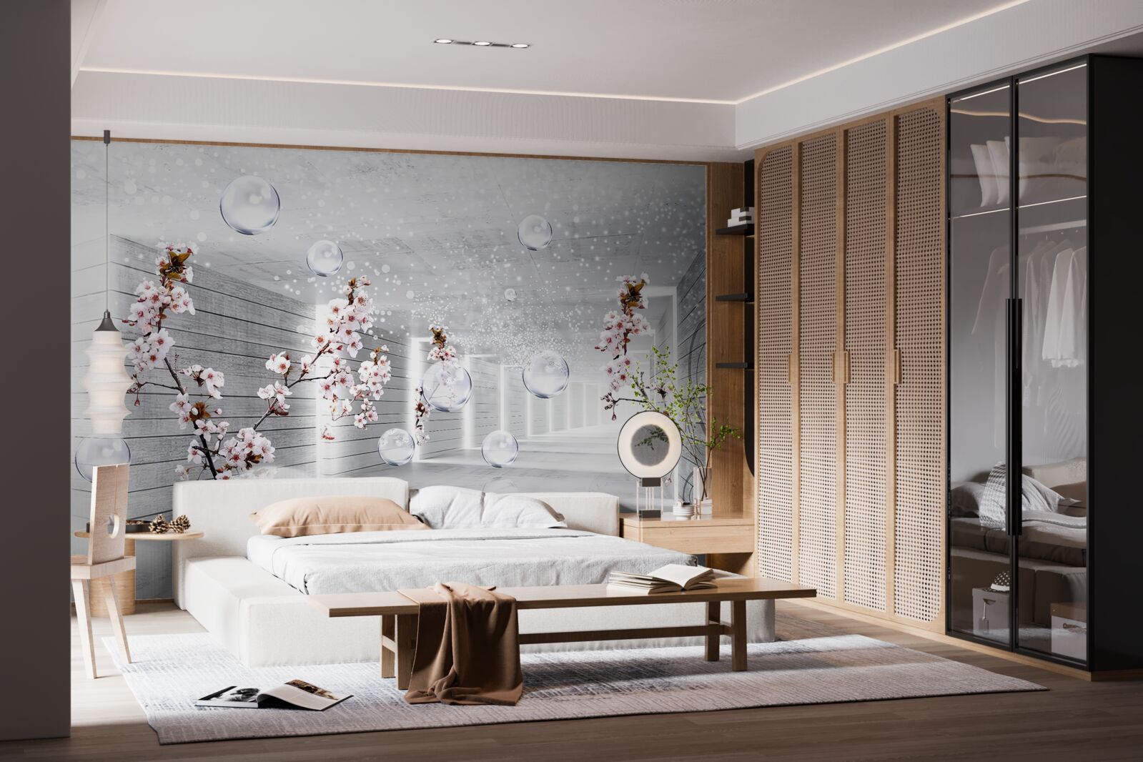 Фотошпалери кола та гілки з квітами, крізь які можна побачити