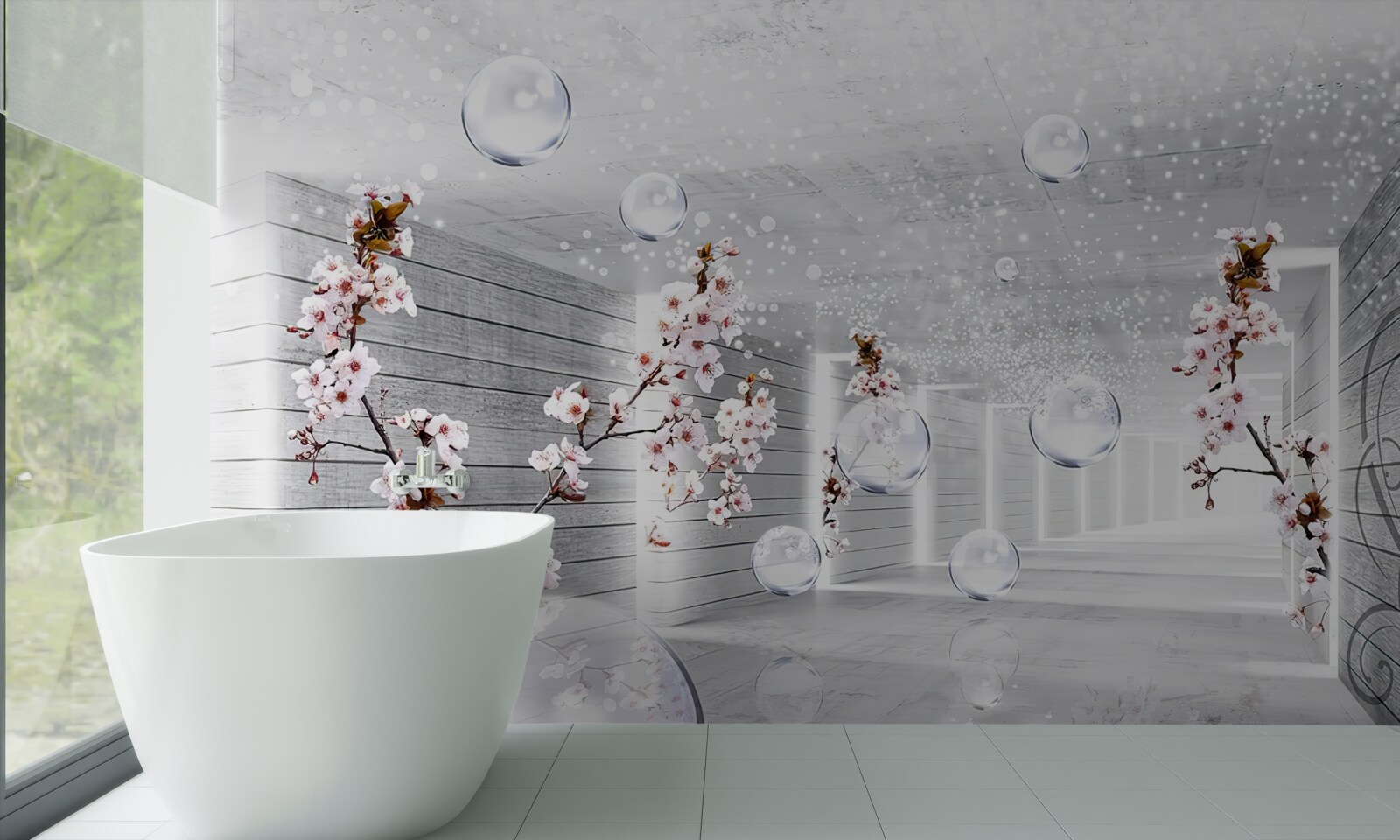 Фотошпалери кола та гілки з квітами, крізь які можна побачити