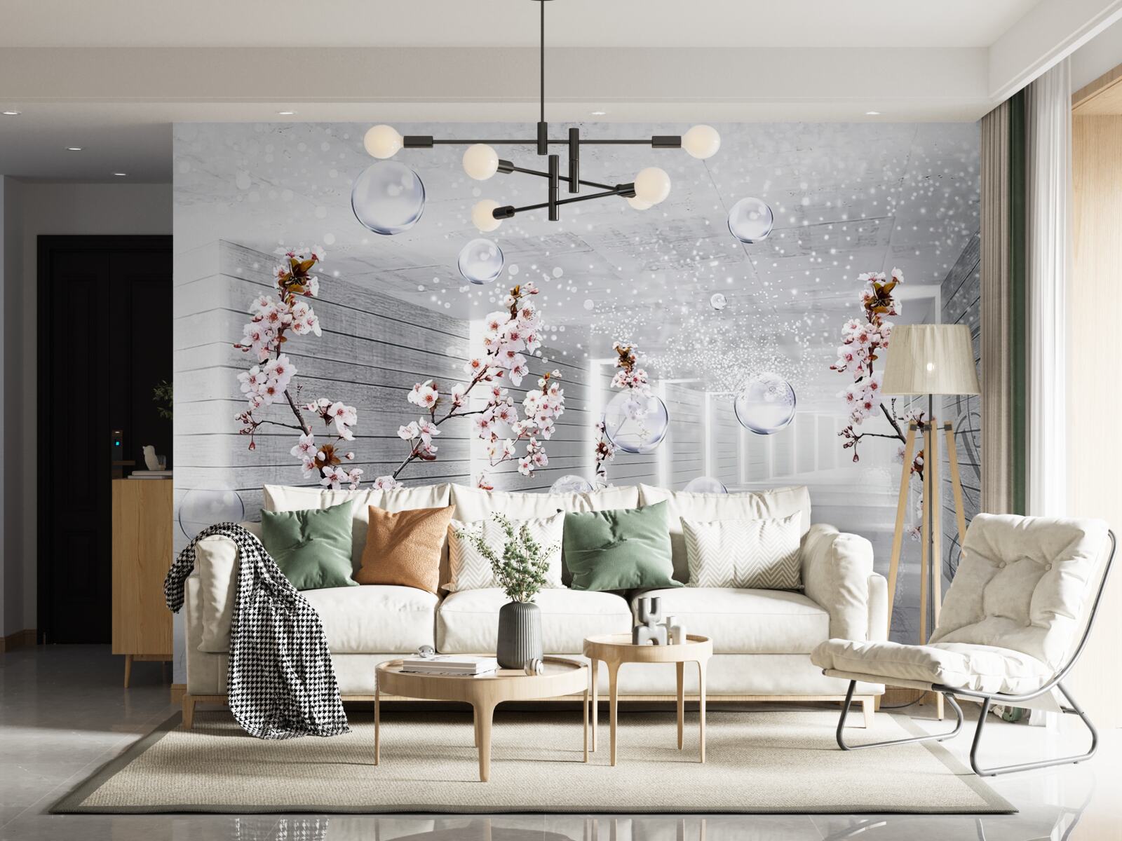 Фотошпалери кола та гілки з квітами, крізь які можна побачити