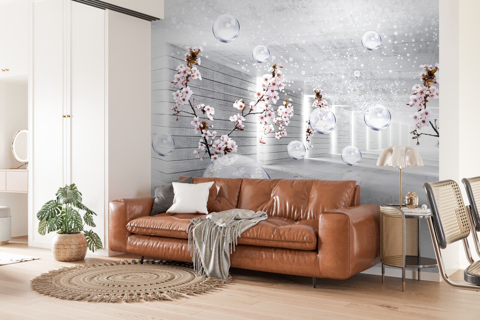 Фотошпалери кола та гілки з квітами, крізь які можна побачити