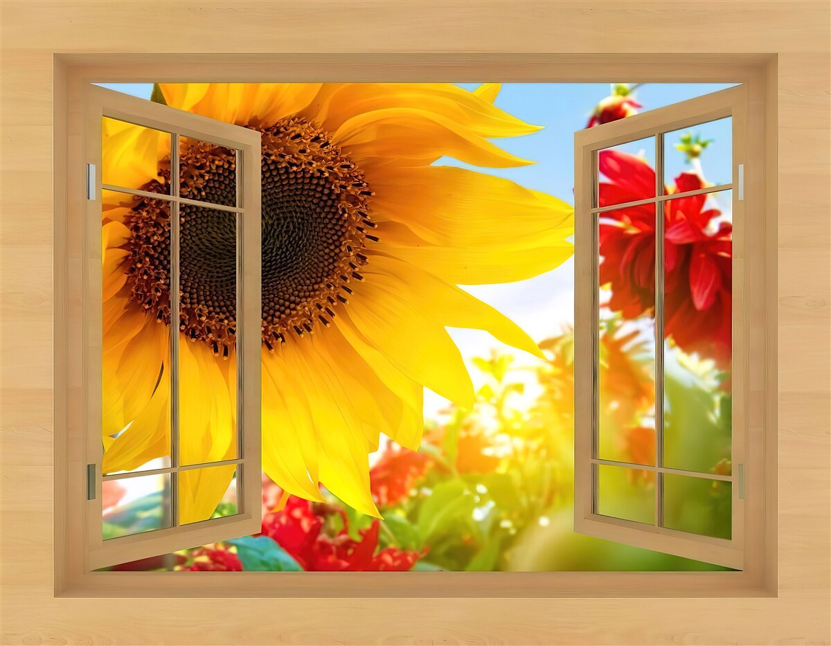 Фотошпалери великі квіти дивляться у вікно