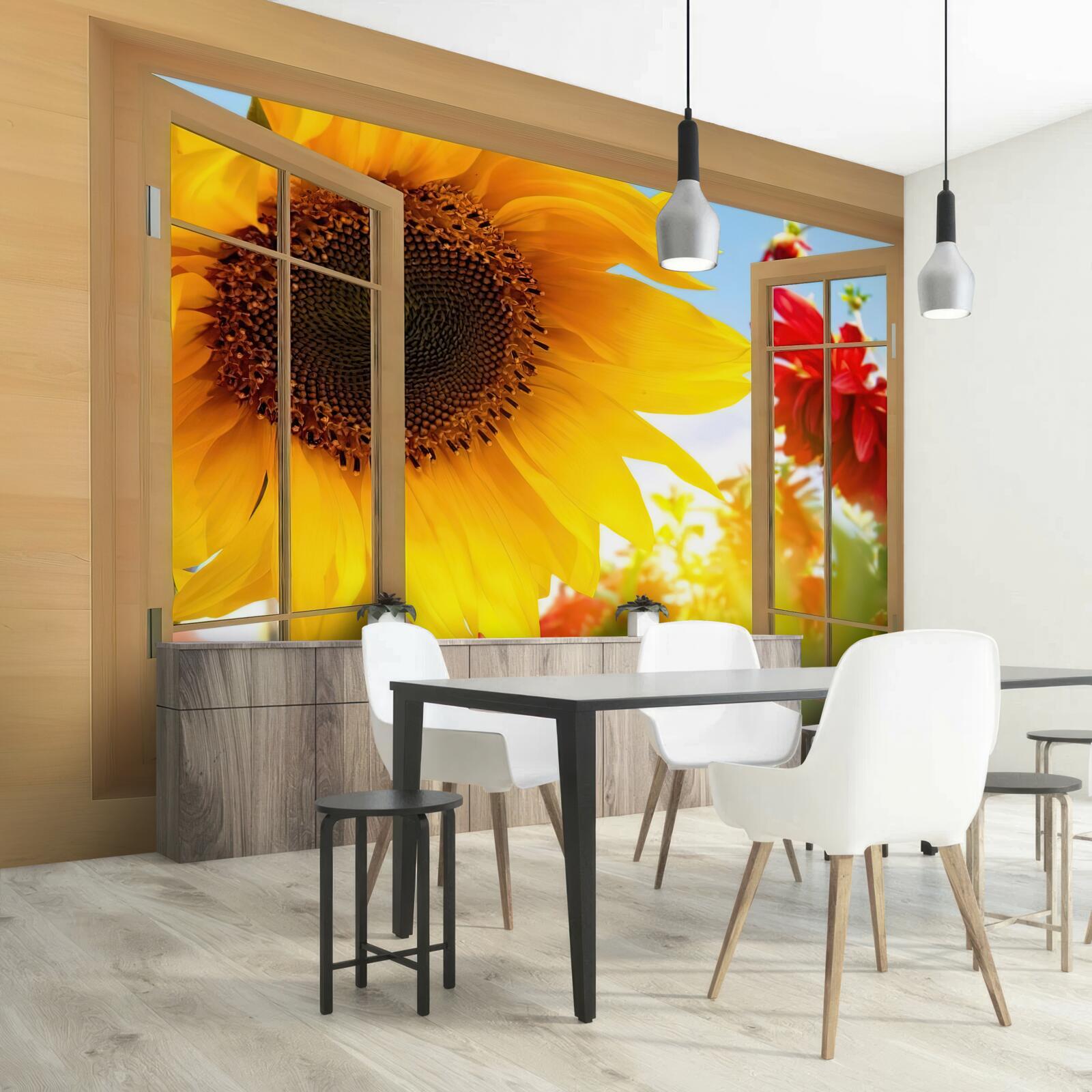 Фотошпалери великі квіти дивляться у вікно