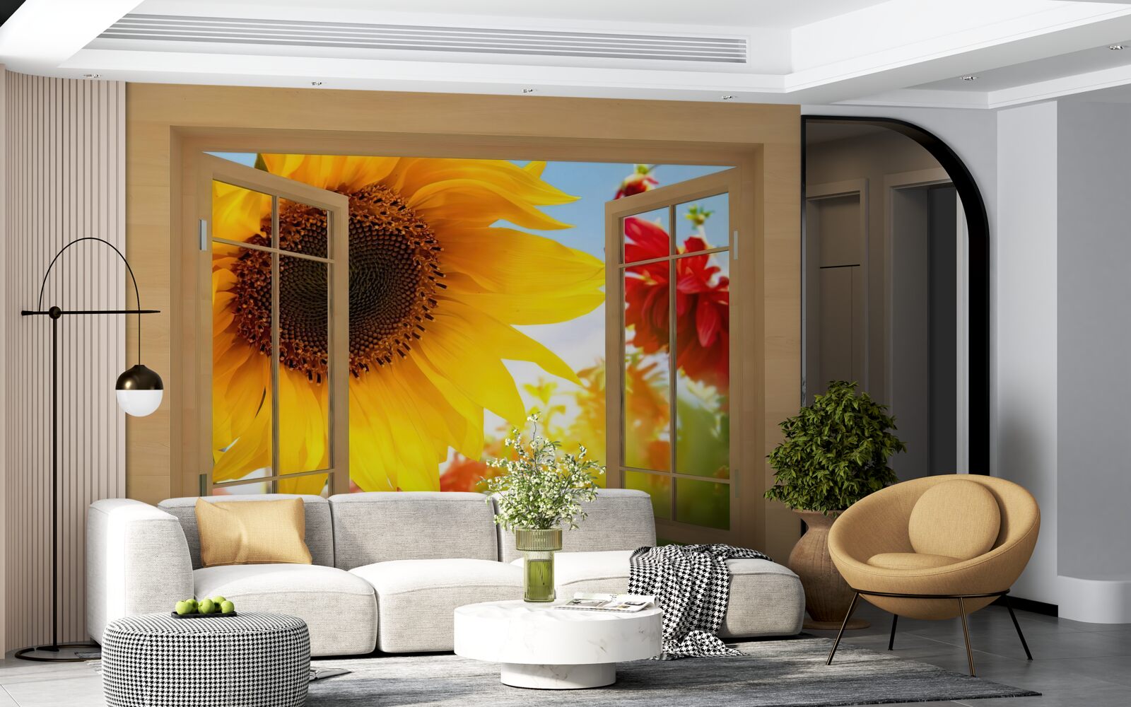 Фотошпалери великі квіти дивляться у вікно