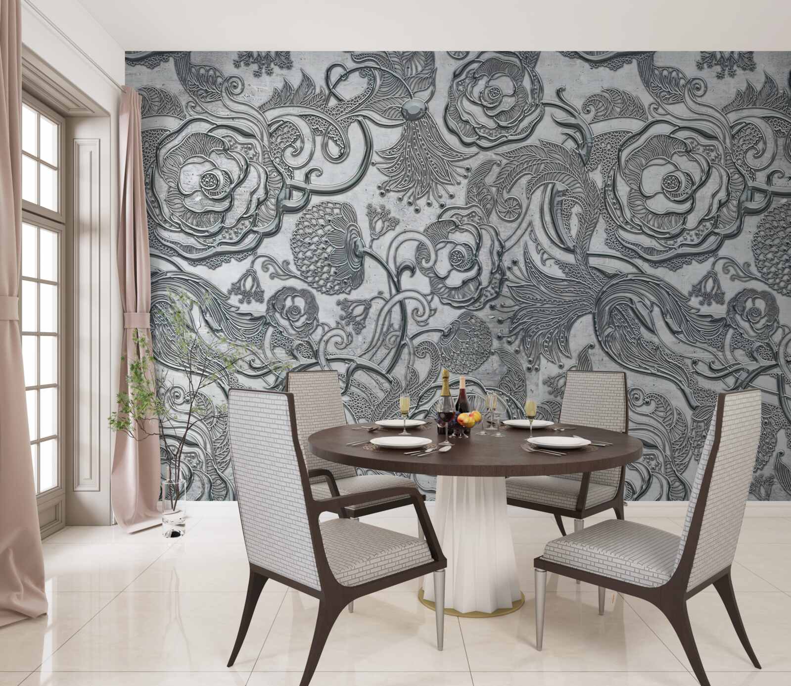 Фотошпалери квіти зі сріблясто-сірим контуром