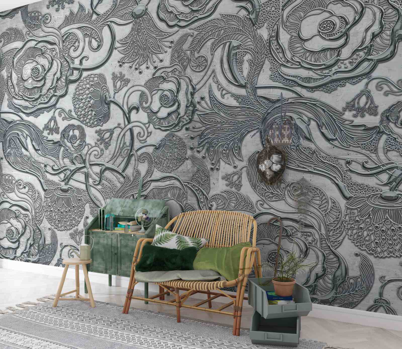 Фотошпалери квіти зі сріблясто-сірим контуром