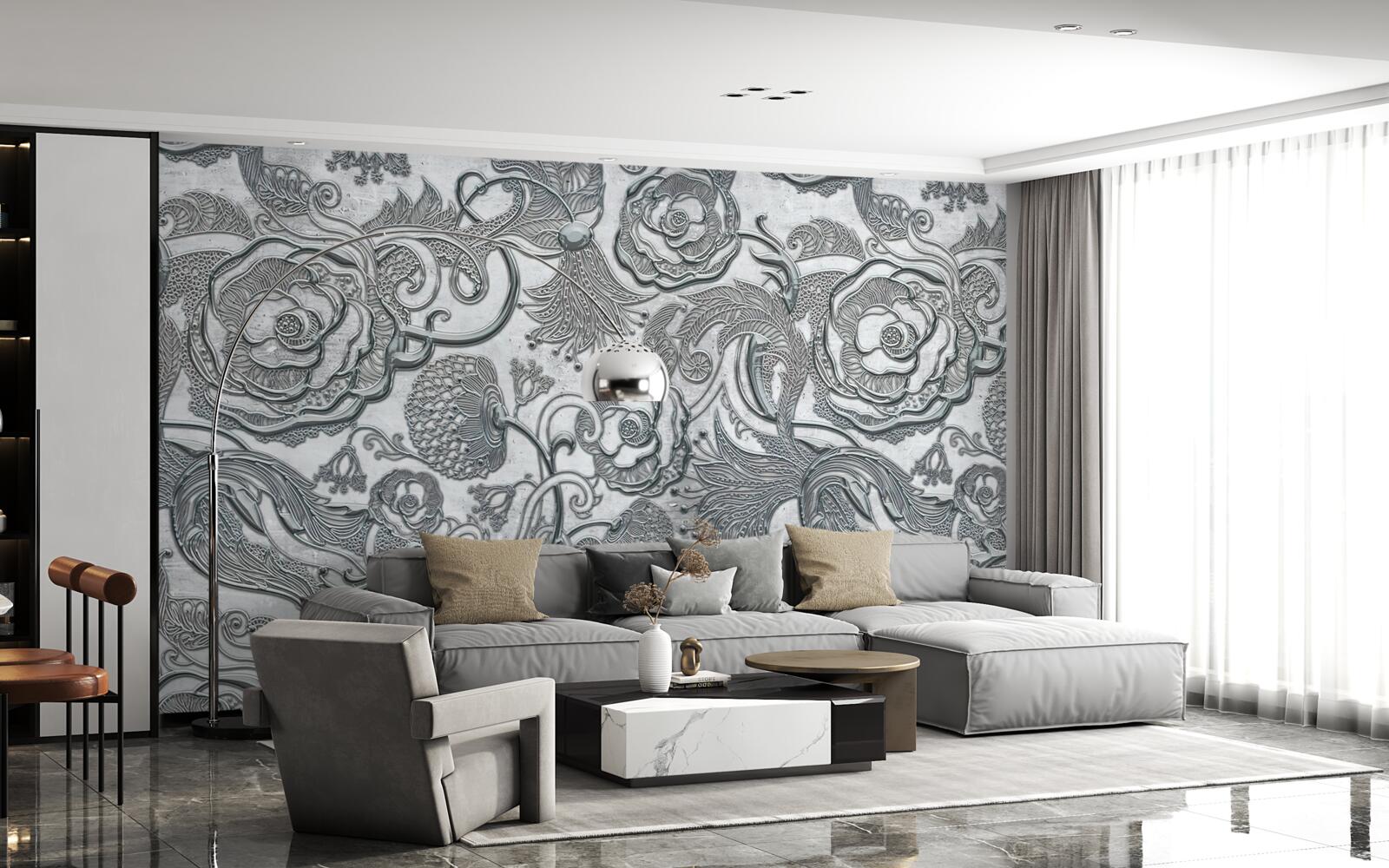 Фотошпалери квіти зі сріблясто-сірим контуром