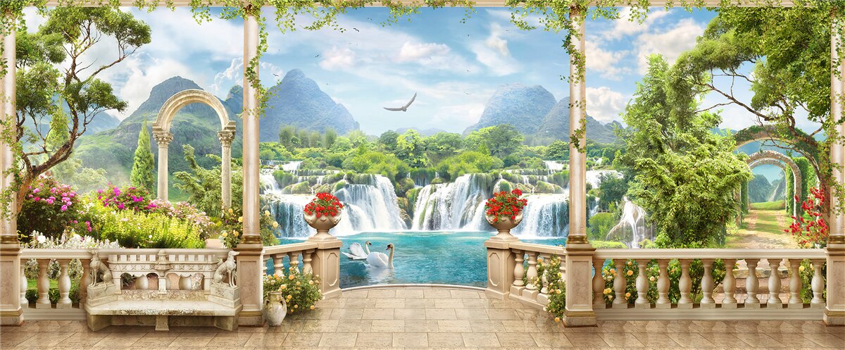 Фотошпалери панорама балкона демонструє водоспад і граціозно плаваючих лебедів