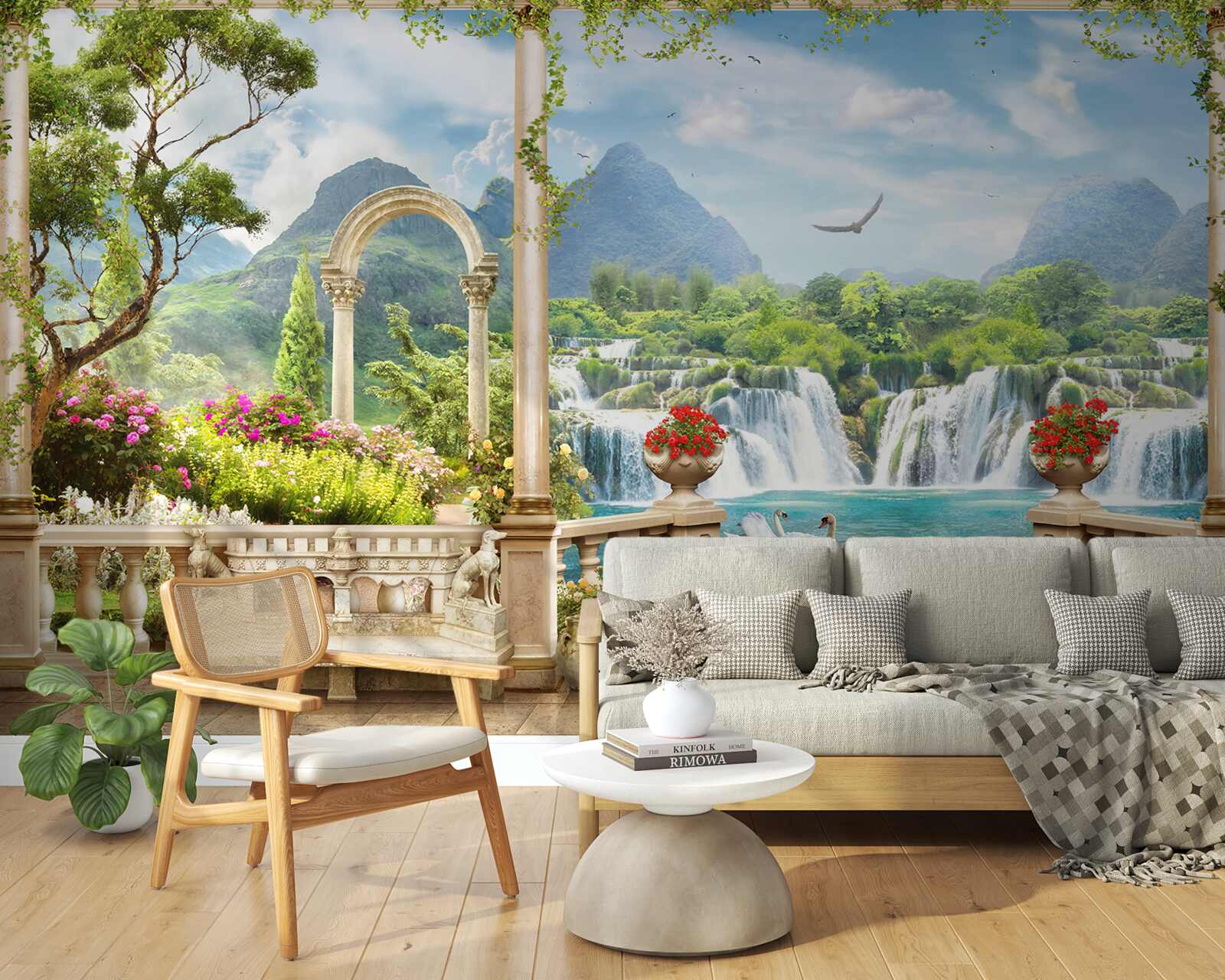 Фотошпалери панорама балкона демонструє водоспад і граціозно плаваючих лебедів