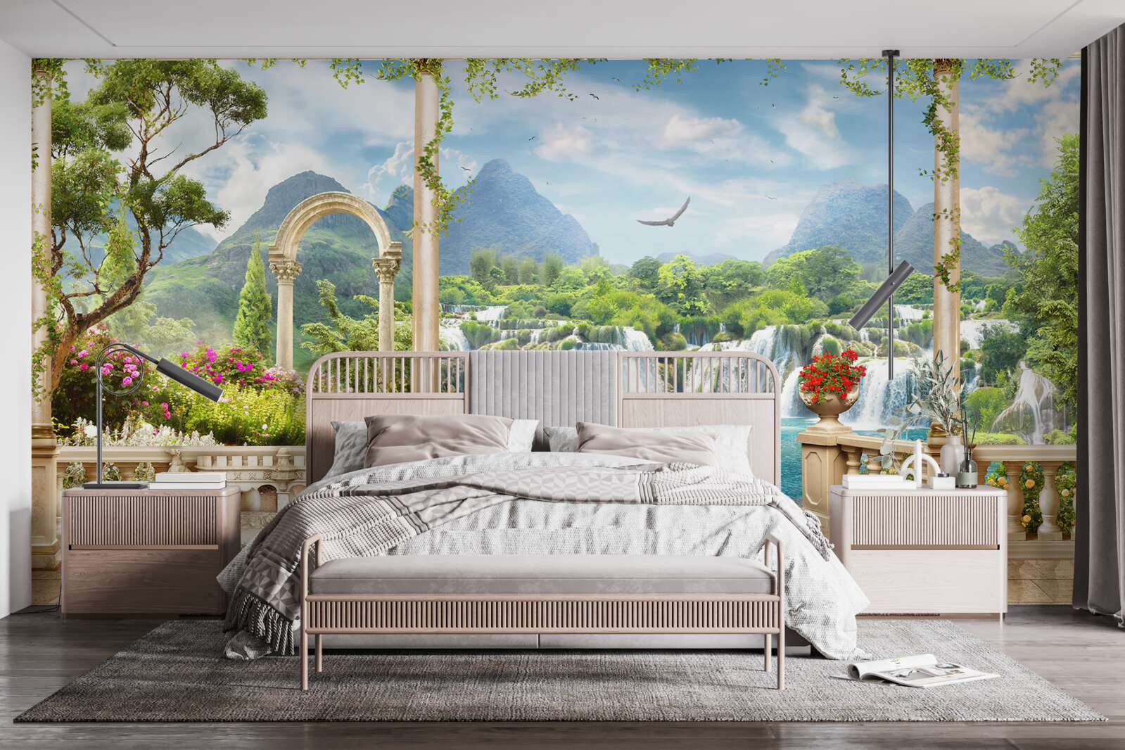 Фотошпалери панорама балкона демонструє водоспад і граціозно плаваючих лебедів