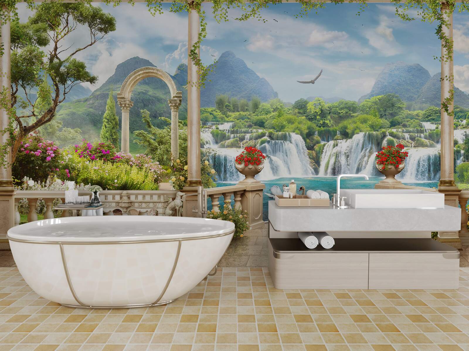 Фотошпалери панорама балкона демонструє водоспад і граціозно плаваючих лебедів