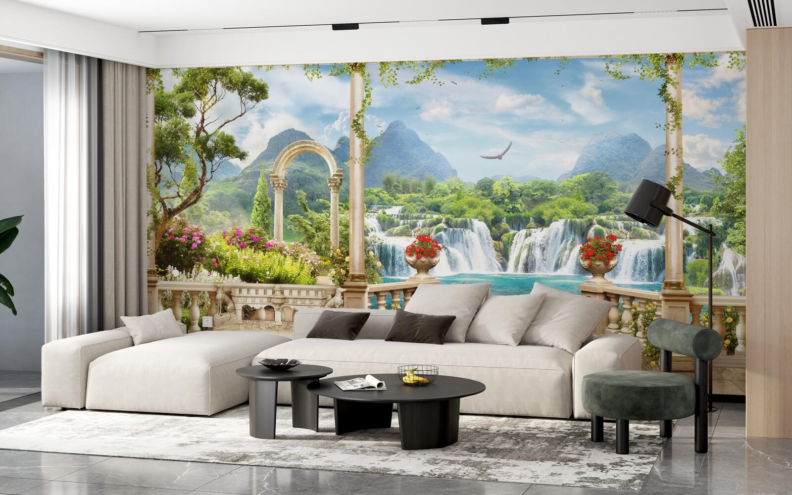 Фотошпалери панорама балкона демонструє водоспад і граціозно плаваючих лебедів