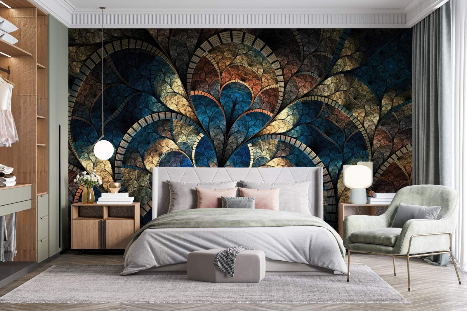 Фотошпалери темно-сині та золоті фігури