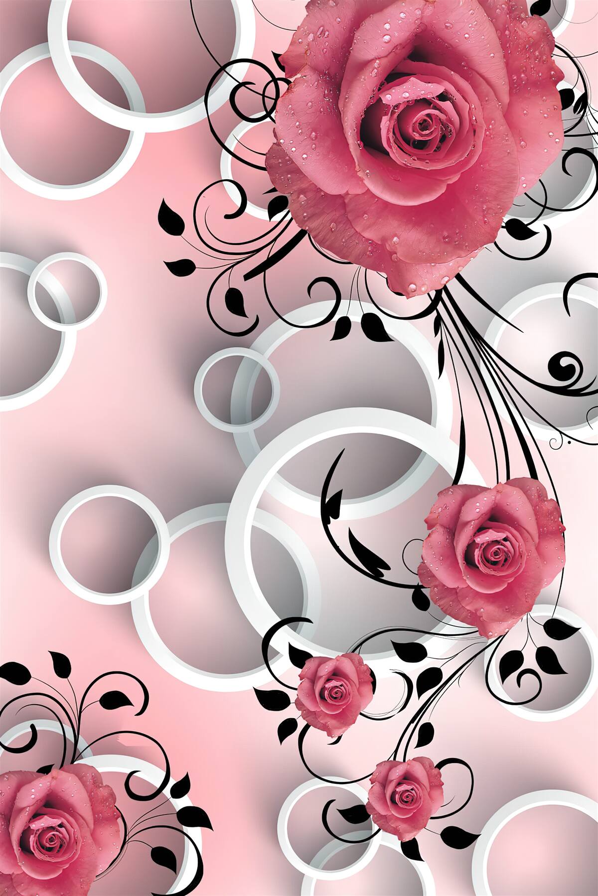 Фотошпалери рожеві троянди світлих відтінків на тлі того ж кольору з білими колами
